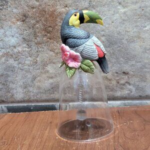 Toucan Bird Figurine on a Glass Bell  Silver Tone Chain Glass Ball